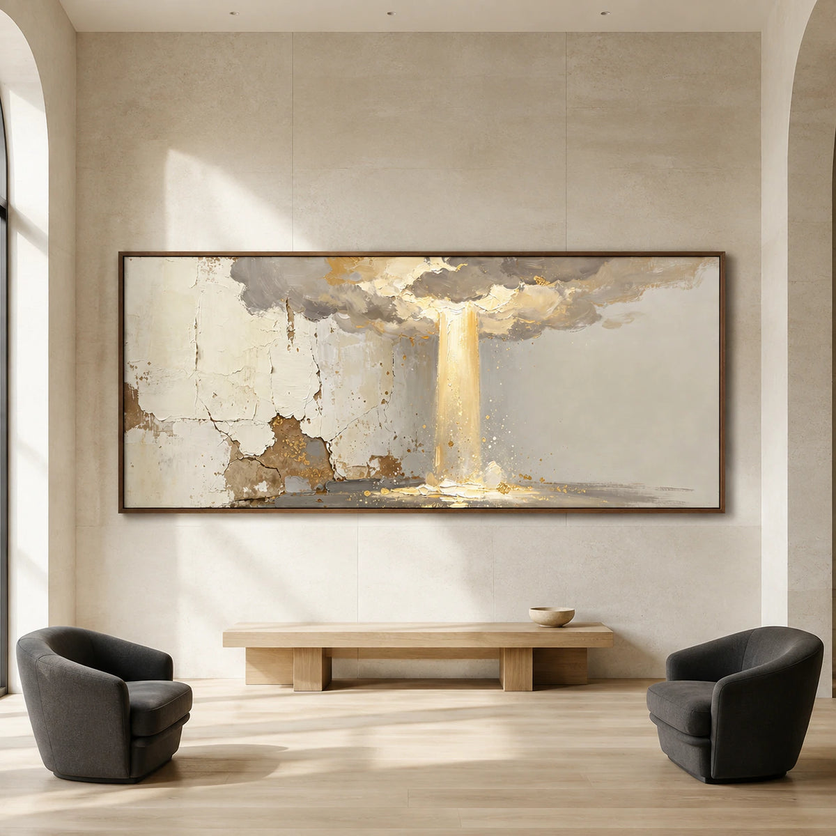 Gold-Veil displayed at large scale in a bright architectural living space, photographed straight on.