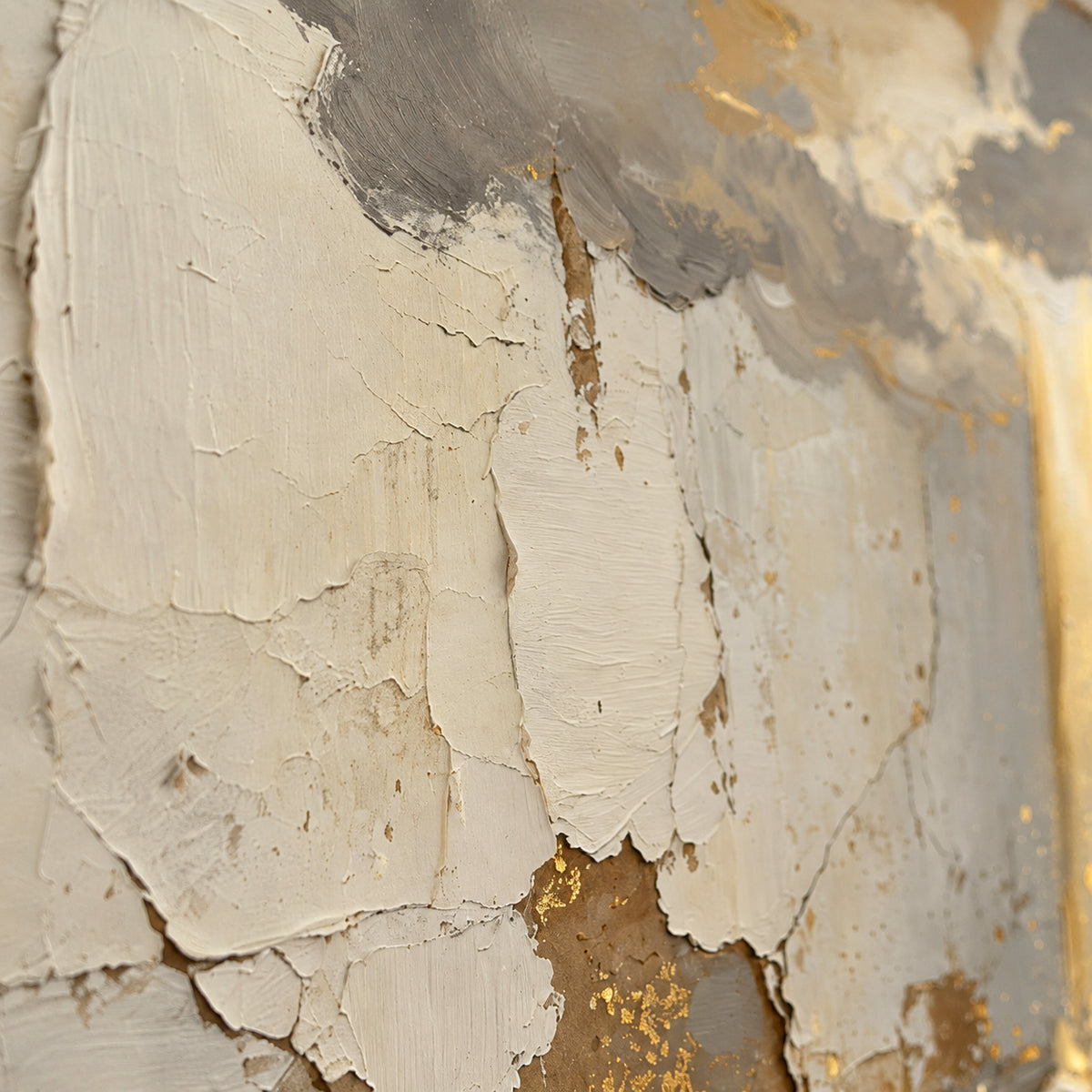 Gold-Veil oil painting brushwork and impasto detail photographed from an oblique side angle