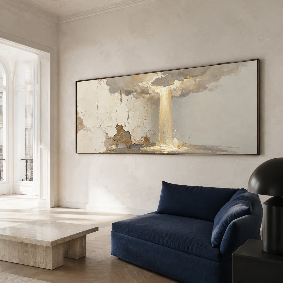 Gold-Veil above a pale contemporary sofa in a bright, open living room.
