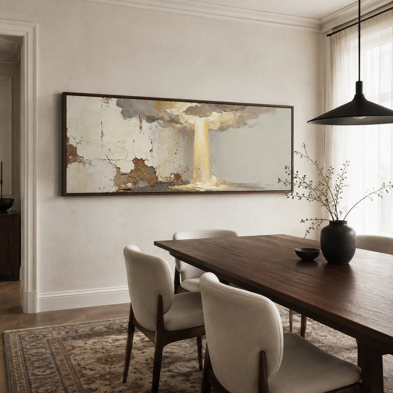Gold-Veil as the focal artwork in a refined daylight dining room.