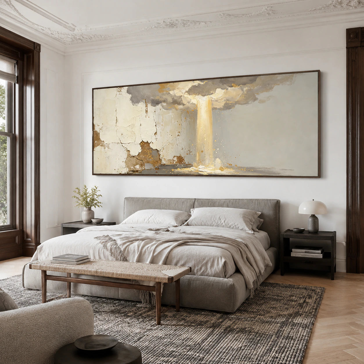 Gold-Veil above a low bed in a quiet, softly lit bedroom.