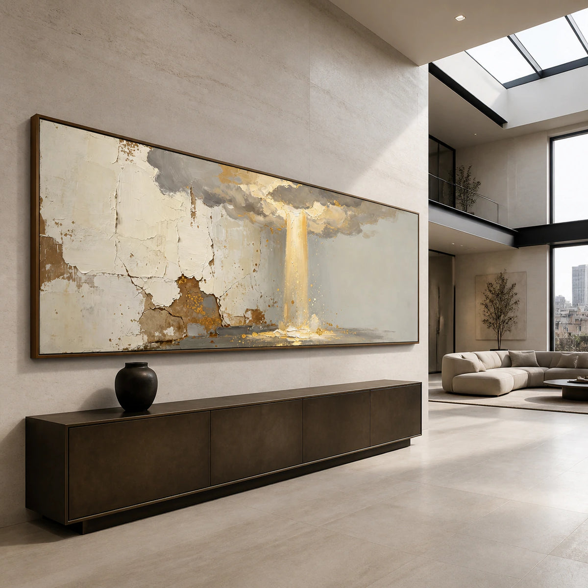 Gold-Veil at gallery scale in a bright stone-lined foyer.