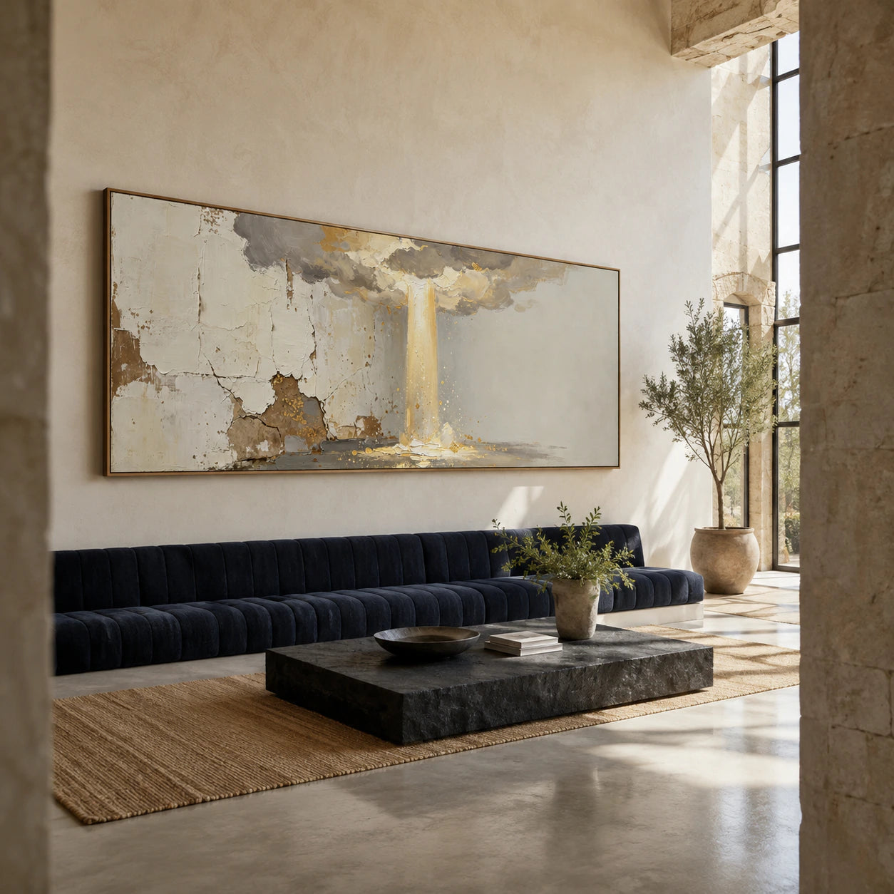 Gold-Veil as a large focal artwork in an expansive hospitality loft interior.