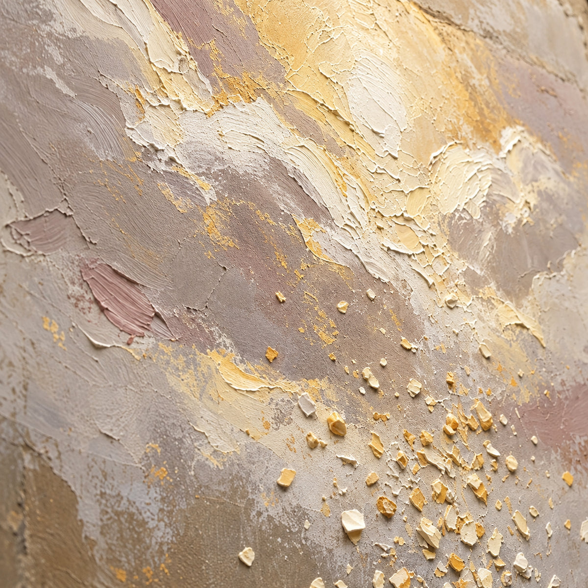 Golden-Drift oil painting brushwork and impasto detail photographed from an oblique side angle