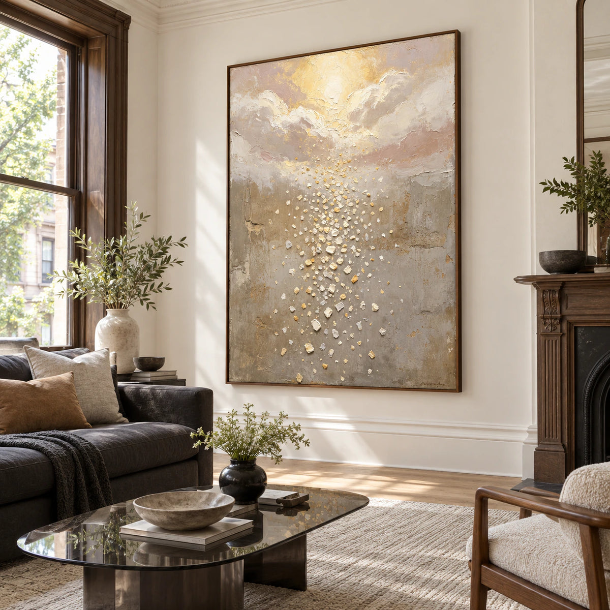 Golden-Drift as the focal point of a bright contemporary living room.