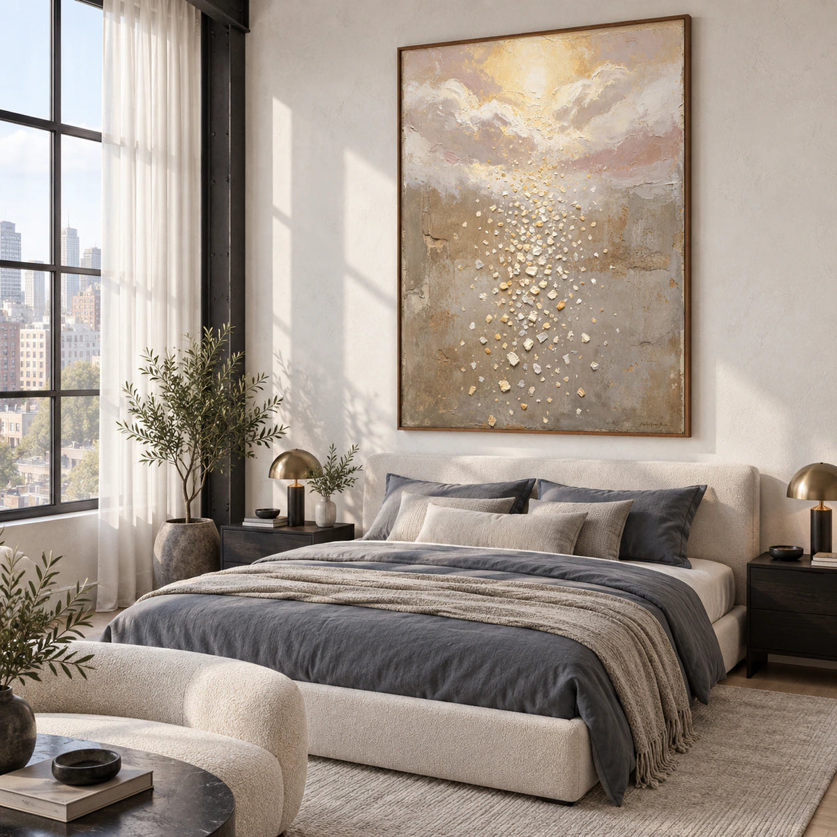 Golden-Drift anchoring a quiet, softly lit bedroom.