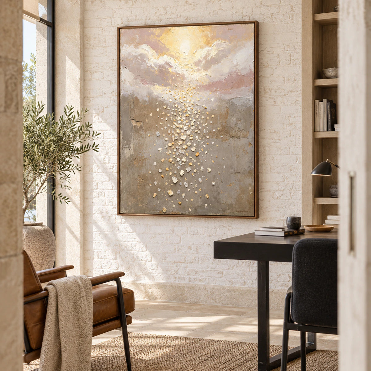 Golden-Drift in an airy home office reading space.