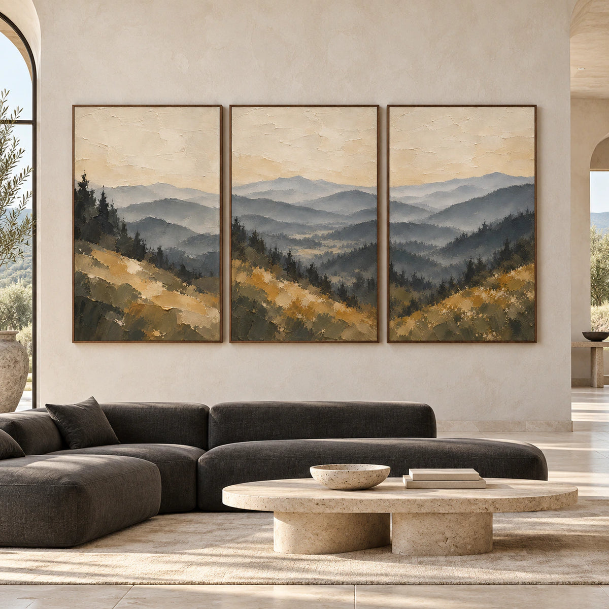 Large straight-on gallery interior featuring the Granite-Migration triptych in slim walnut frames.