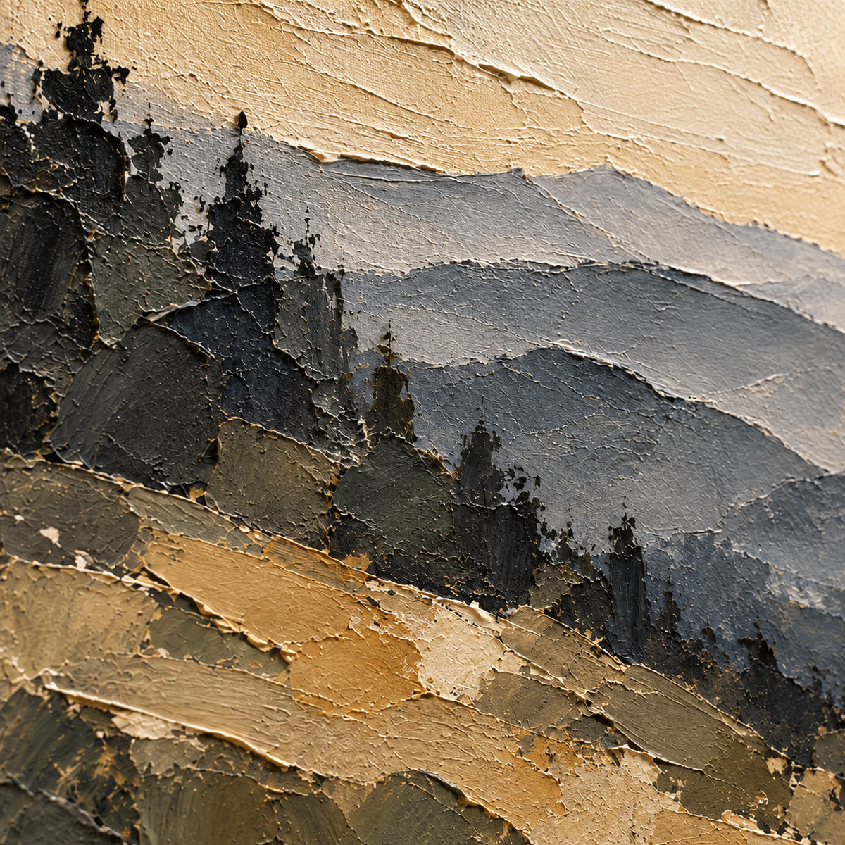 Granite-Migration oil painting brushwork and impasto detail photographed from an oblique side angle