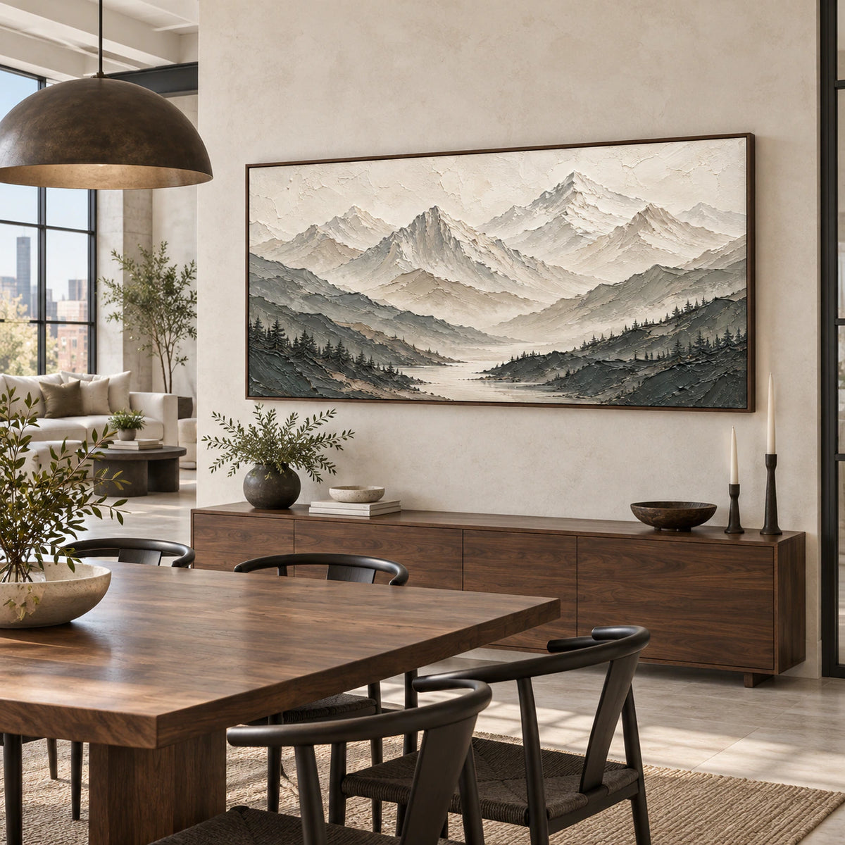 Granite-Quiet above a refined dining setting with daylight and restrained natural finishes.