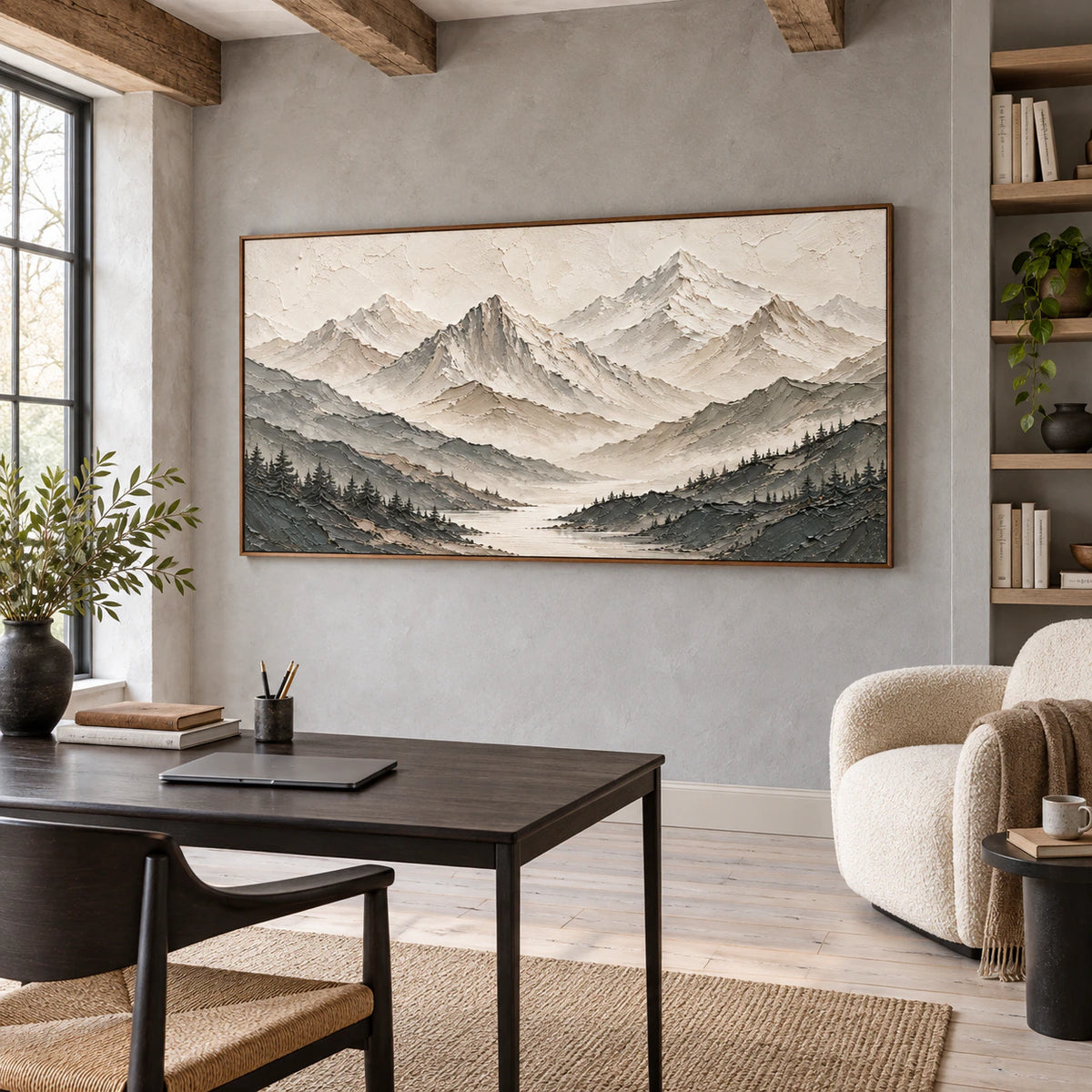 Granite-Quiet as the focal artwork in an airy home office reading space.