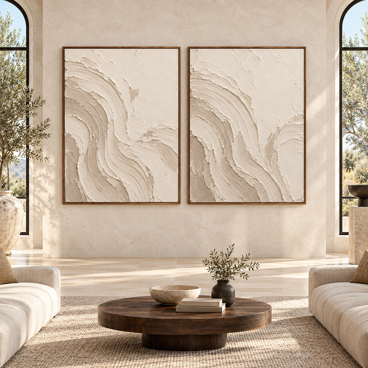 Gypsum-Meander diptych displayed at large scale on a gallery wall