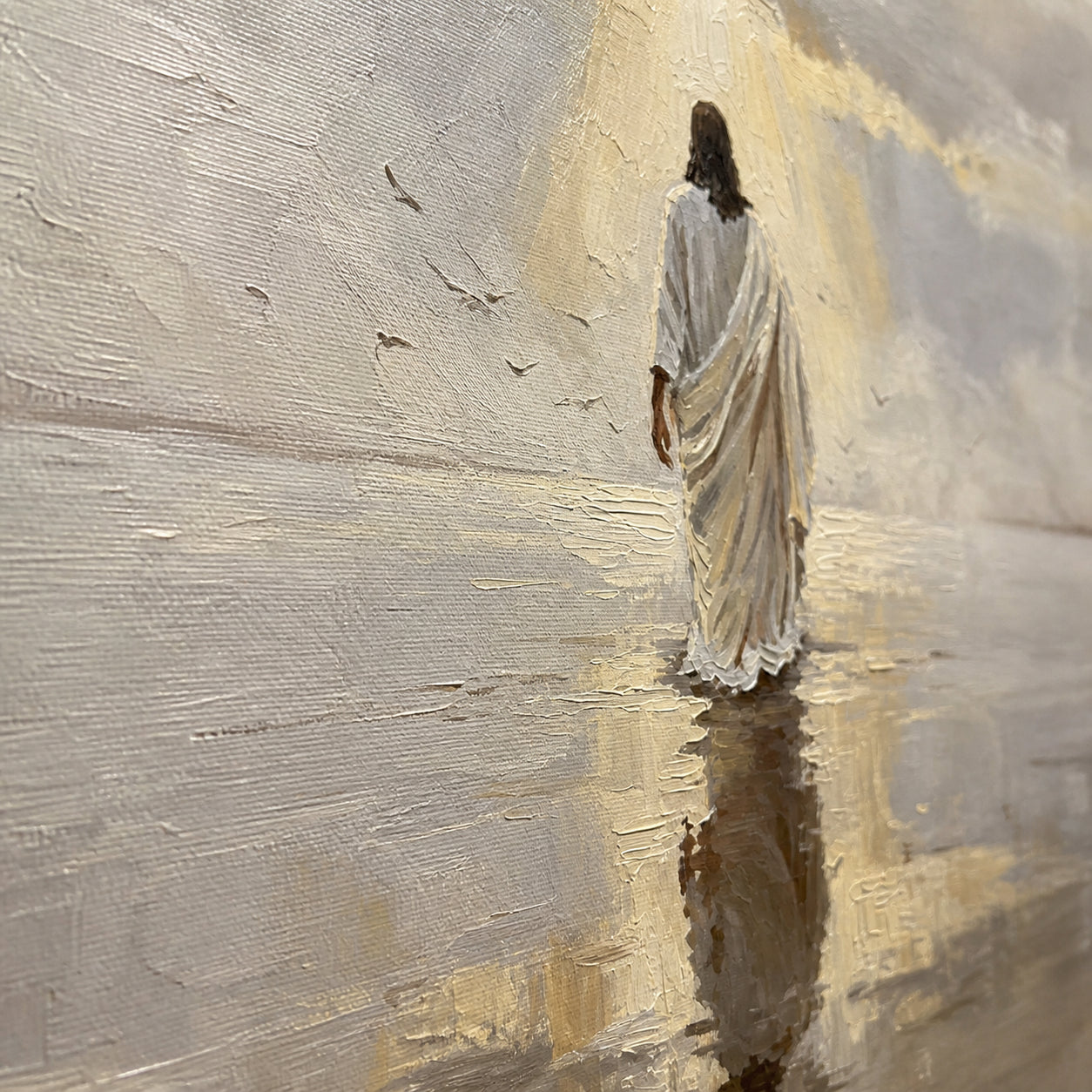 Hallowed-Estuary oil painting brushwork and impasto detail photographed from an oblique side angle