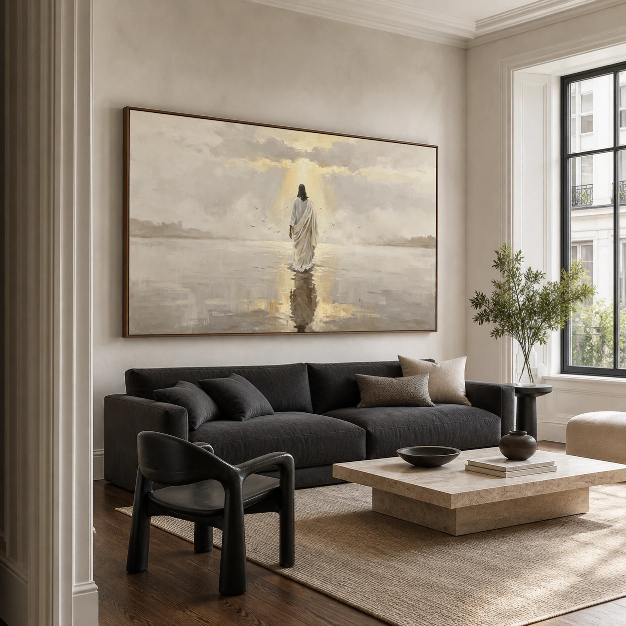 Hallowed-Estuary above a restrained sofa in a bright daylight living room.