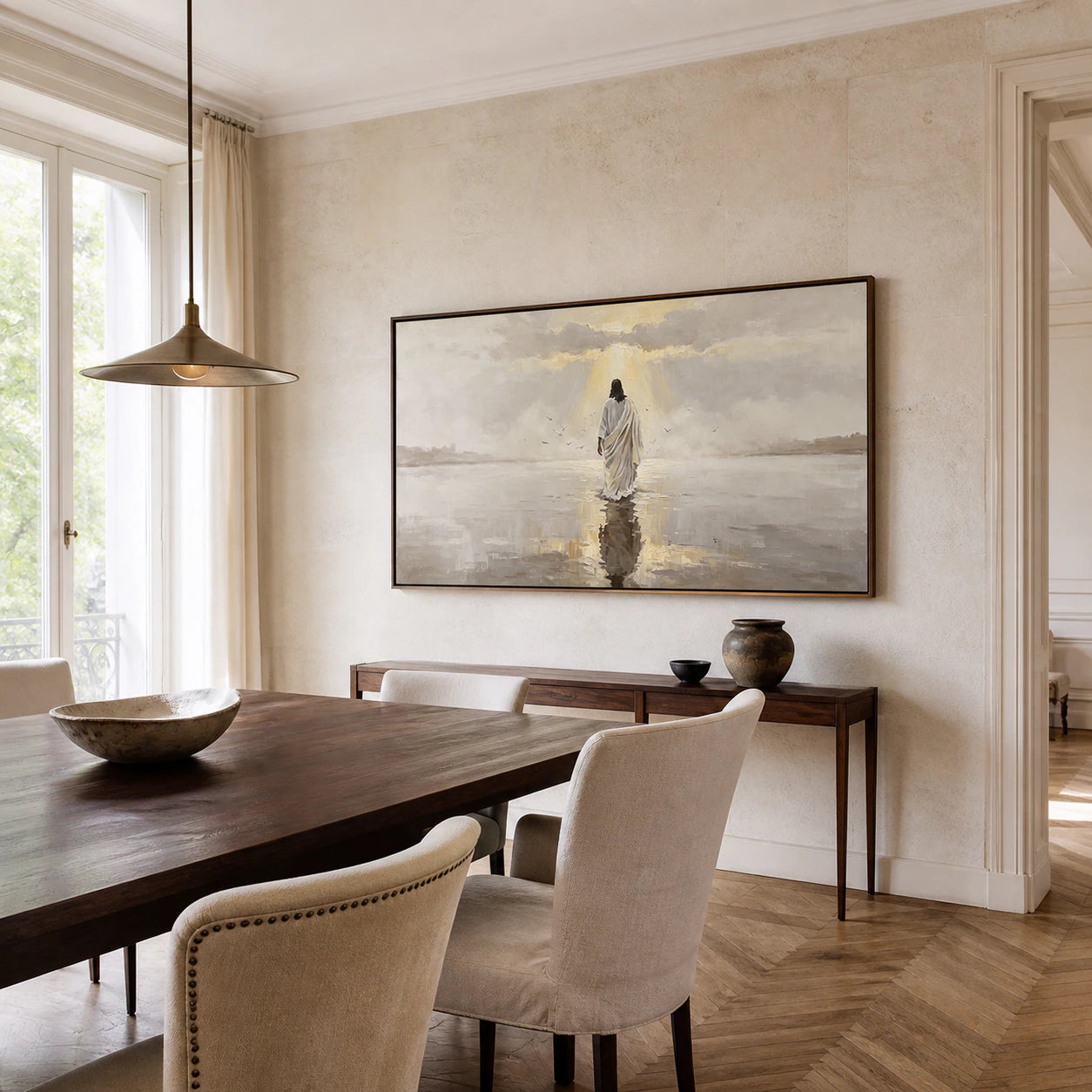 Hallowed-Estuary as the focal artwork in a refined, sunlit dining room.