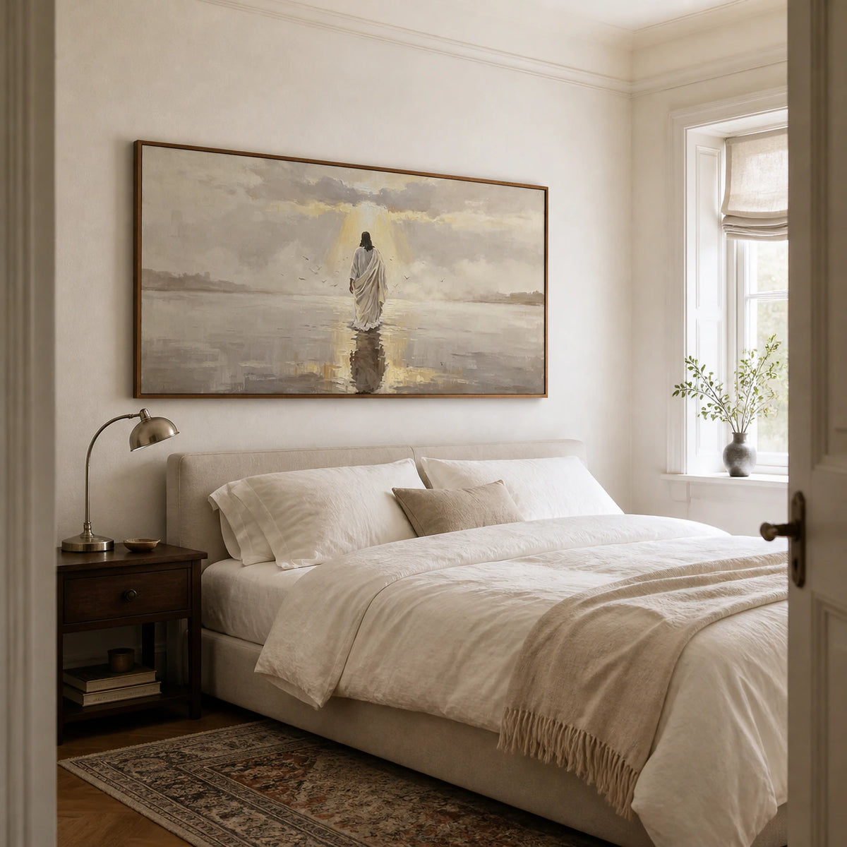 Hallowed-Estuary bringing a quiet horizon to a softly lit bedroom.