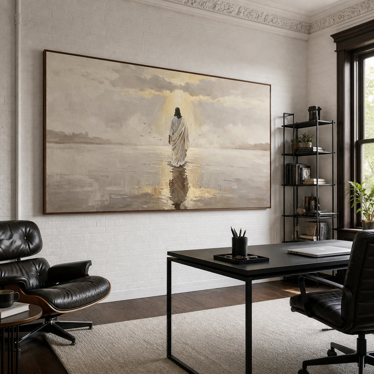 Hallowed-Estuary displayed prominently in an airy home office reading space.