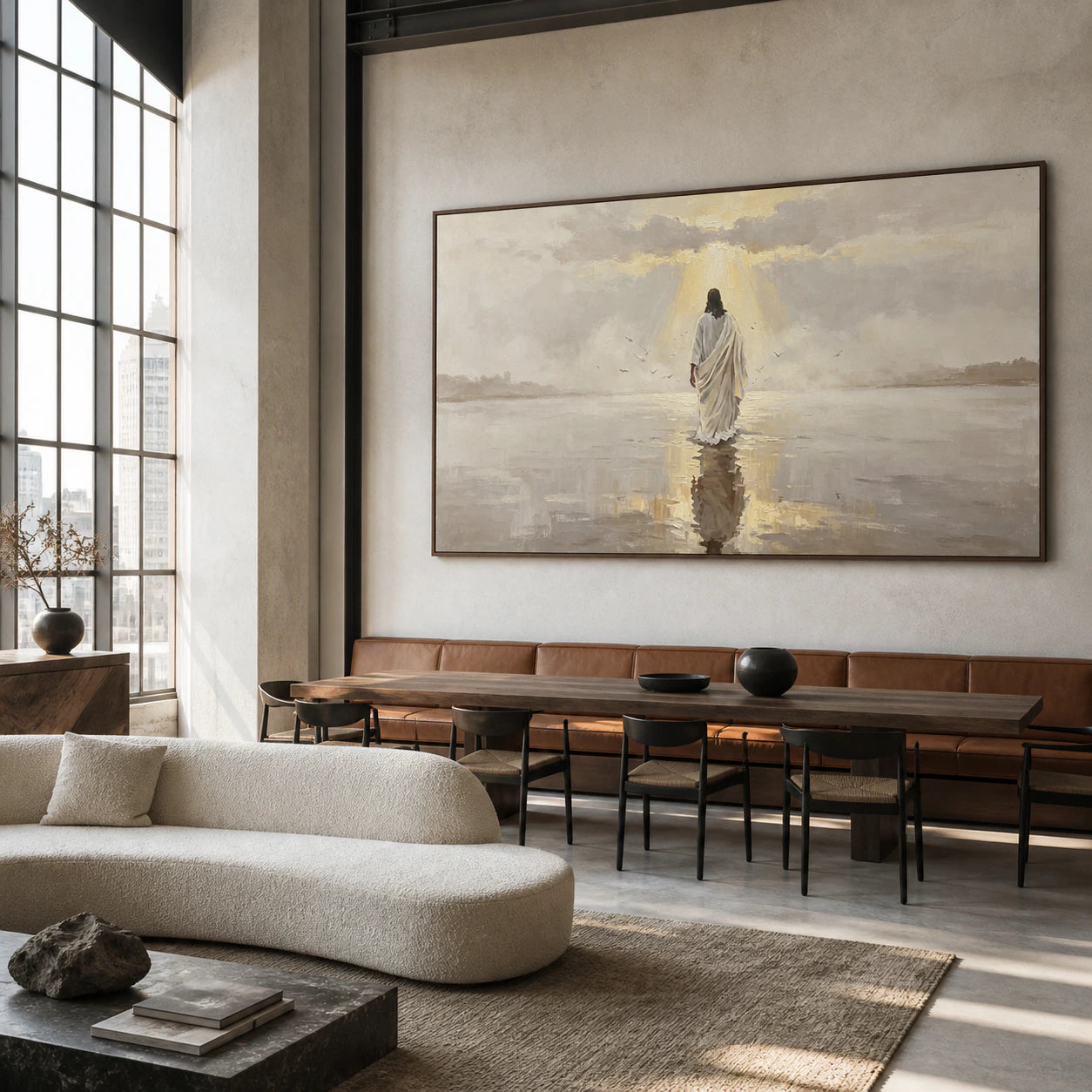 Hallowed-Estuary as the central artwork in an open hospitality loft interior.