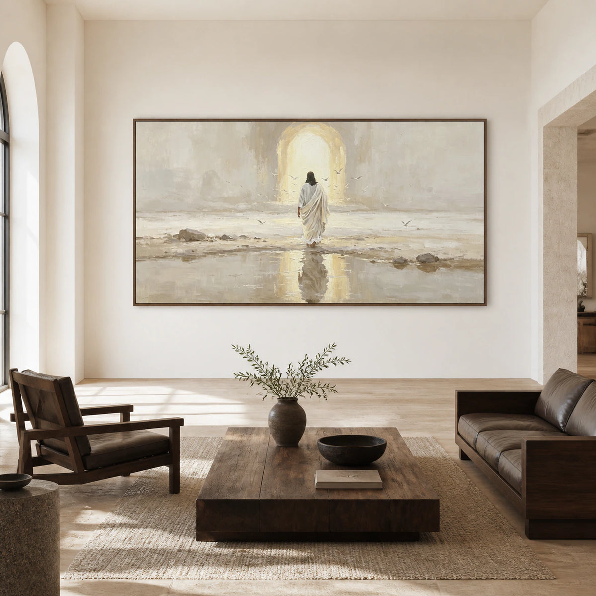 Large panoramic painting of a robed figure on a reflective shore displayed straight-on in a spacious daylight-filled interior.