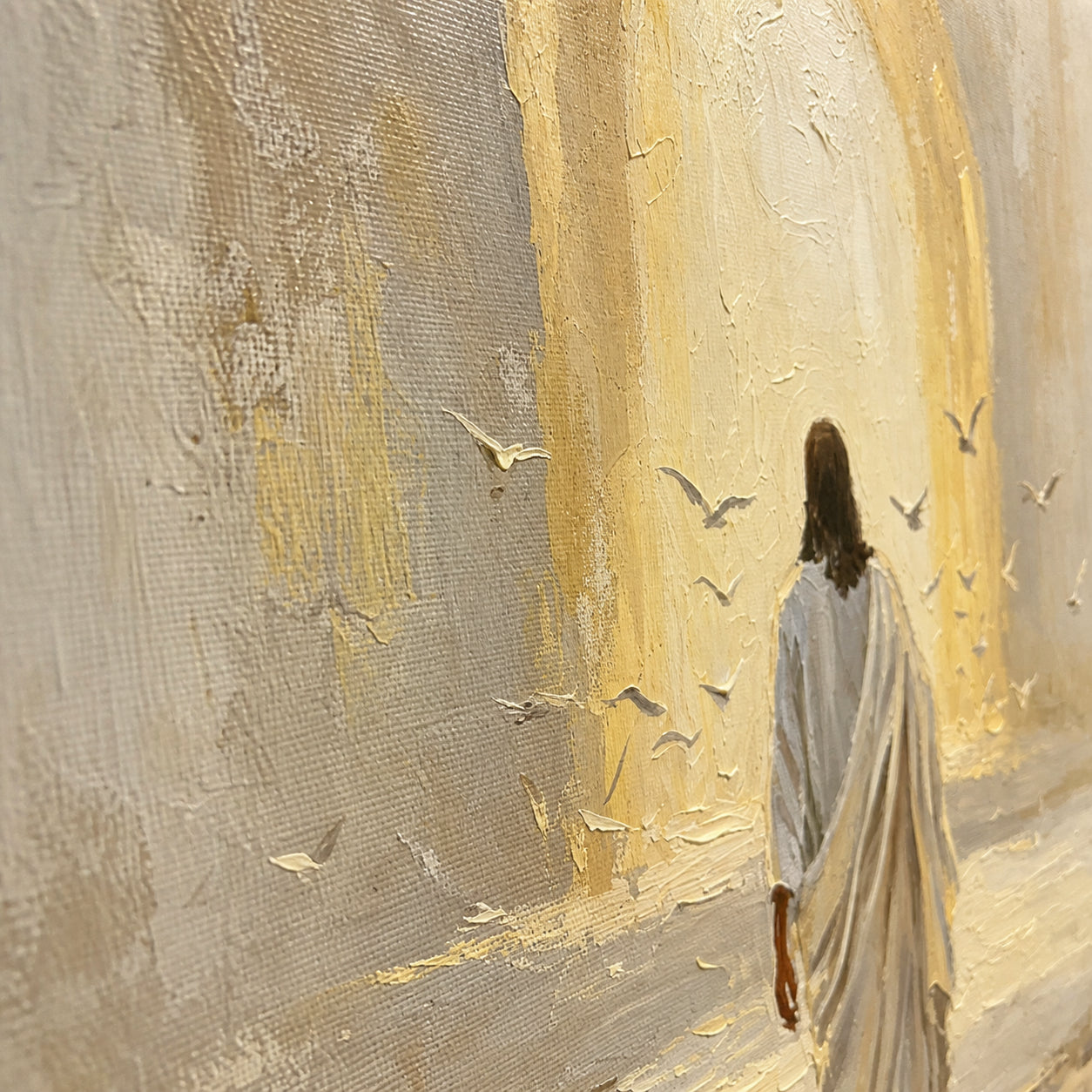 Hallowed-Tide oil painting brushwork and impasto detail photographed from an oblique side angle