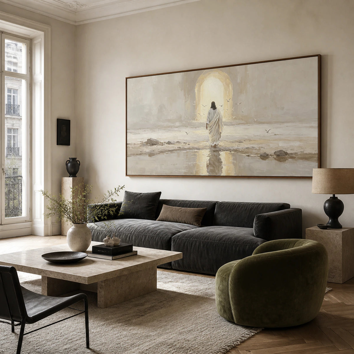 Panoramic figurative shore painting above seating in a bright living room.