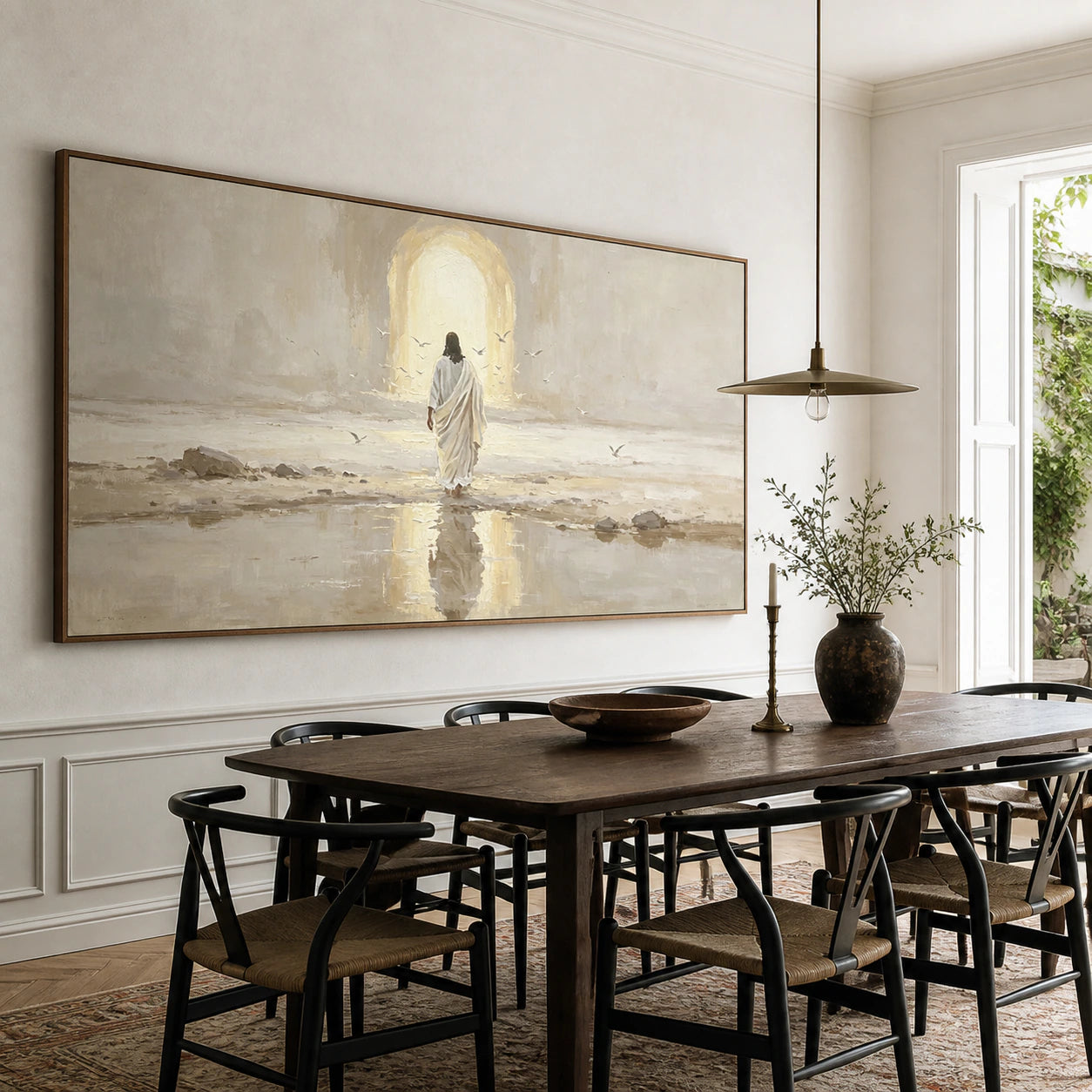 Large ivory and sand figurative painting in a refined daylight dining room.