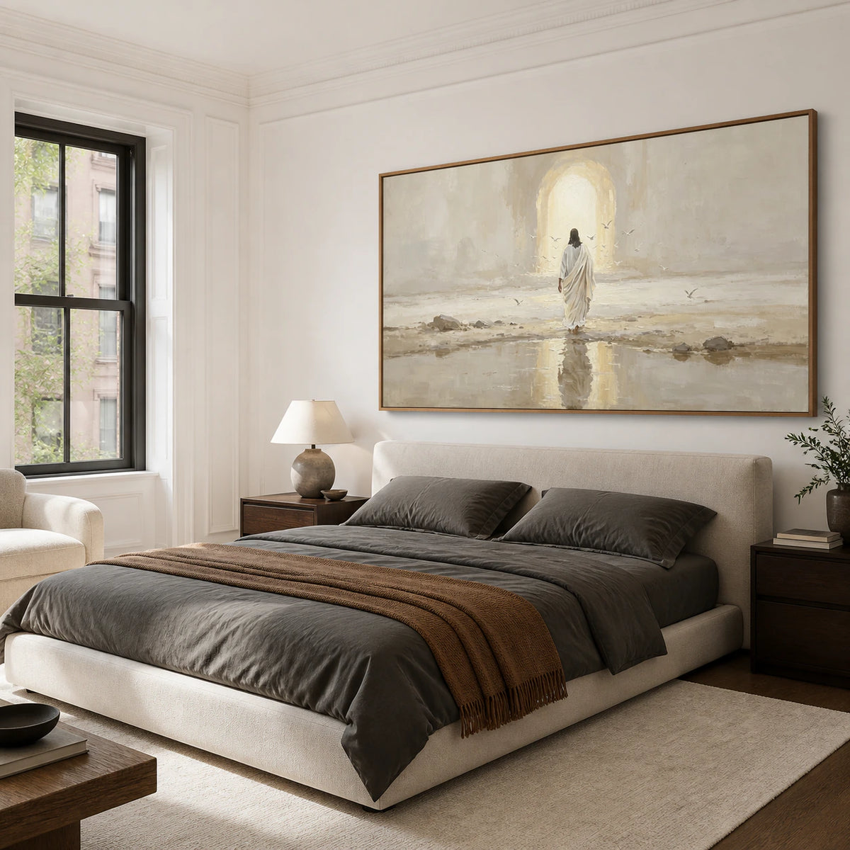 Panoramic robed-figure shore painting as the focal point of a quiet bedroom.