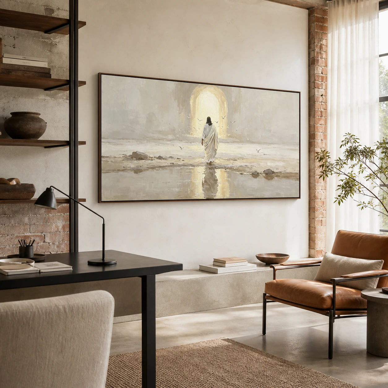 Large reflective-shore painting in an airy home office reading space.