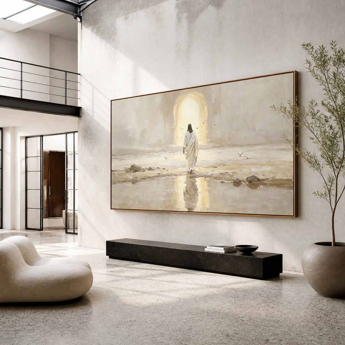 Gallery-scale panoramic figurative painting in a bright architectural foyer.