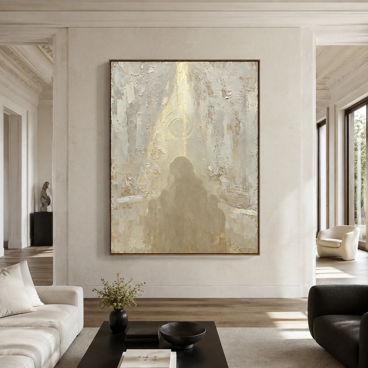 Halo-Relic displayed at large scale on a bright architectural living-room wall in a straight-on view.