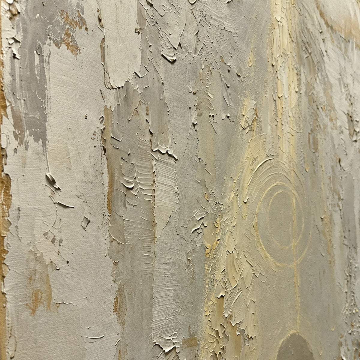 Halo-Relic oil painting brushwork and impasto detail photographed from an oblique side angle