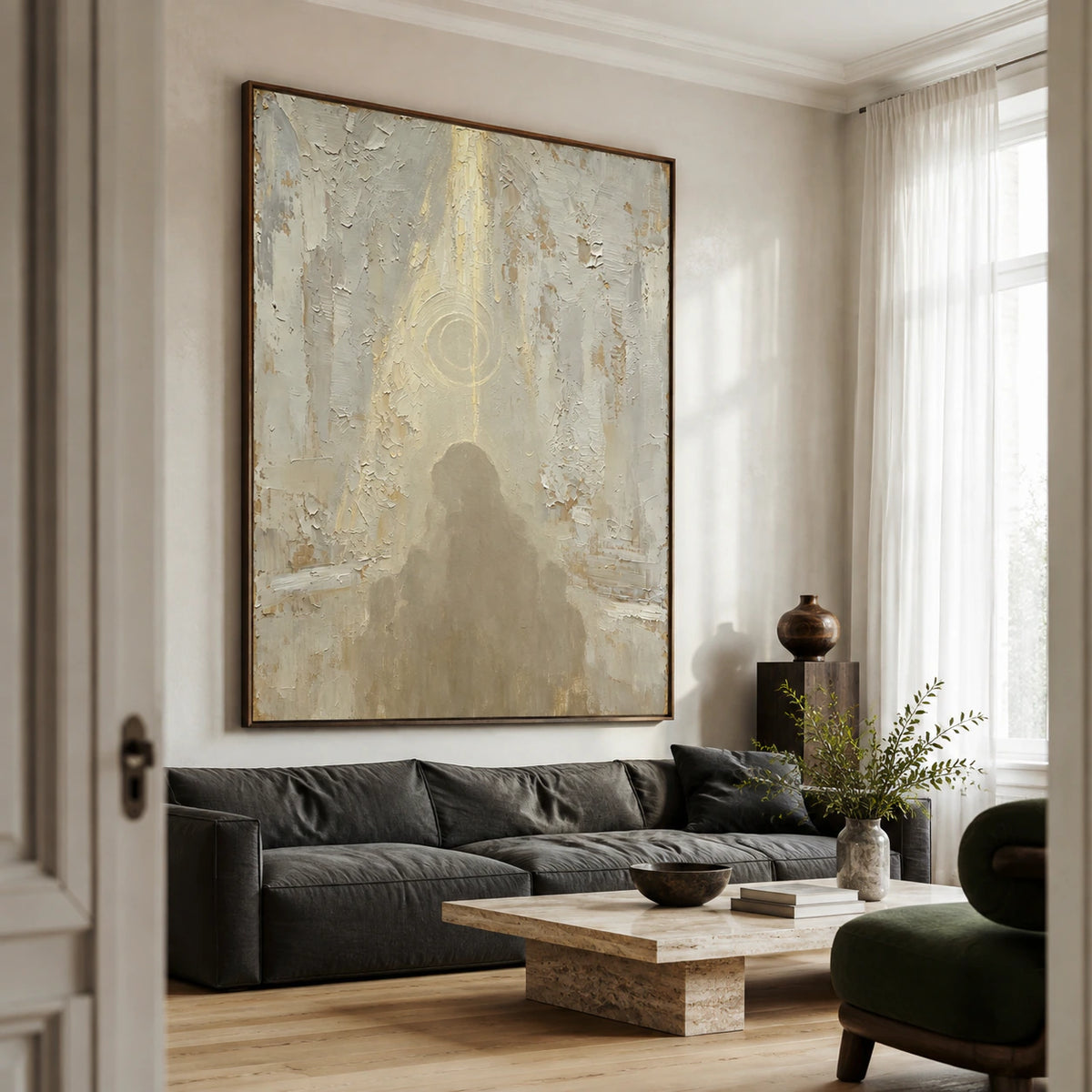 Halo-Relic as a large focal artwork in a bright, contemporary living room.
