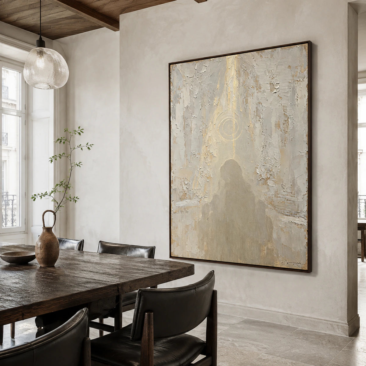 Halo-Relic displayed above a refined dining setting with daylight and restrained materials.