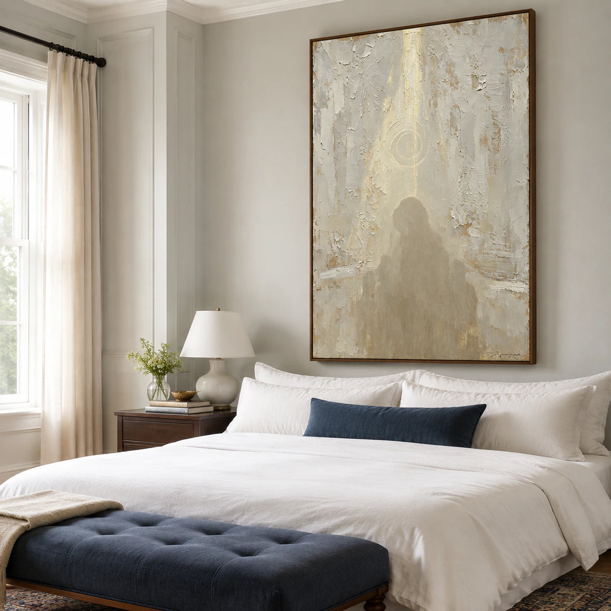 Halo-Relic as a serene large-scale artwork in a quiet, light-filled bedroom.