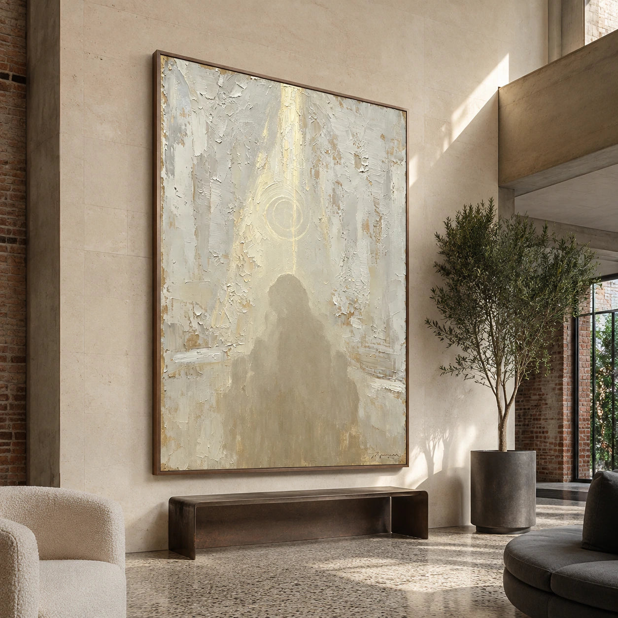 Halo-Relic installed at gallery scale in a luminous architectural foyer.