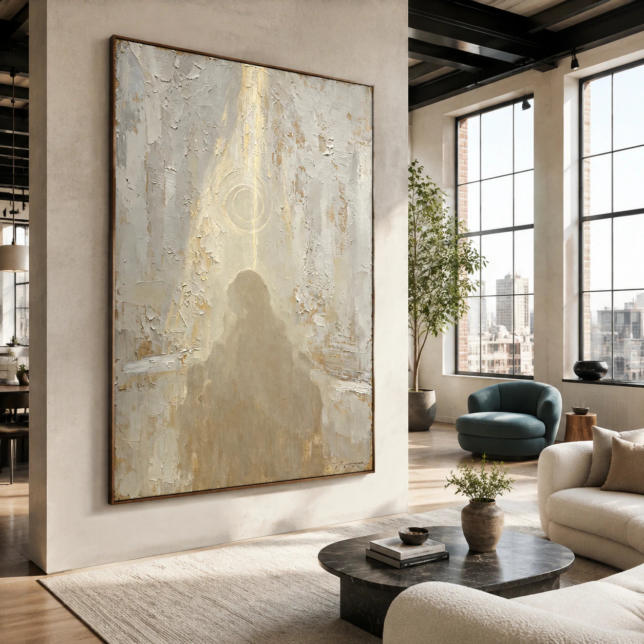 Halo-Relic as a commanding focal artwork in an expansive loft hospitality interior.