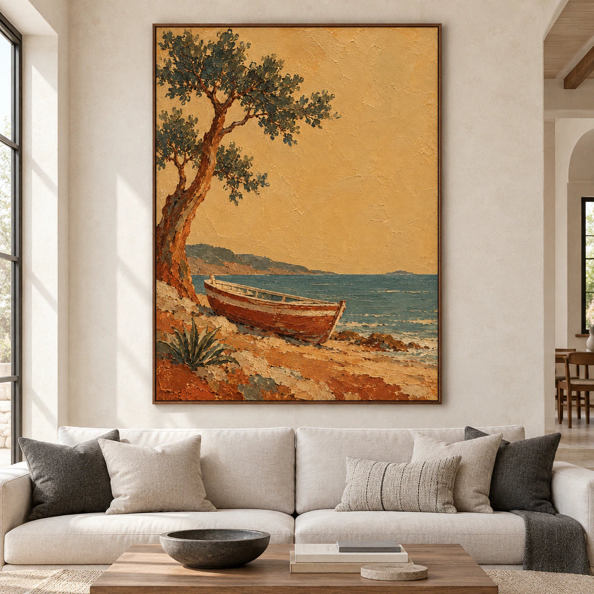Large Harbor Bough painting displayed straight-on in a spacious sunlit room, showing an olive tree, wooden boat and teal shore beneath an ochre sky.