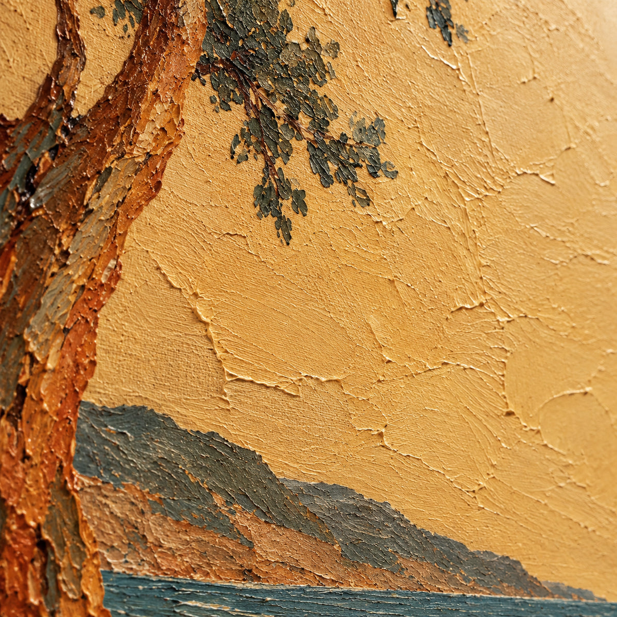 Harbor-Bough oil painting brushwork and impasto detail photographed from an oblique side angle