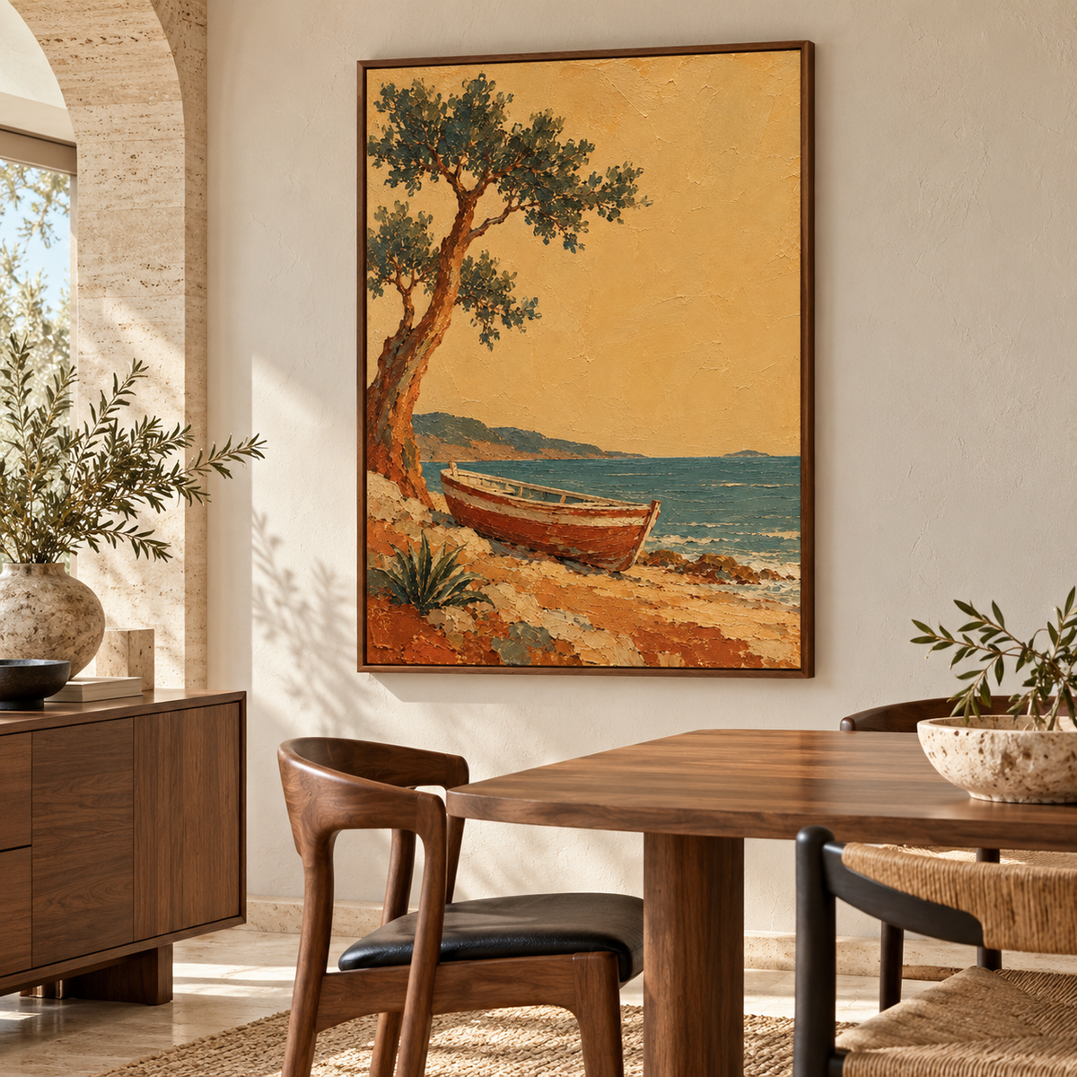 Harbor Bough anchoring a refined dining room above a dark walnut sideboard, viewed from a gentle left oblique angle in clear daylight.