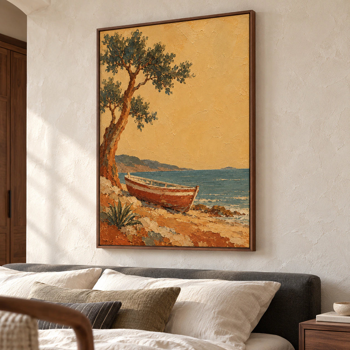 Harbor Bough above a low bed in a quiet bedroom, seen from a slightly elevated right oblique view with crisp linen and soft natural light.