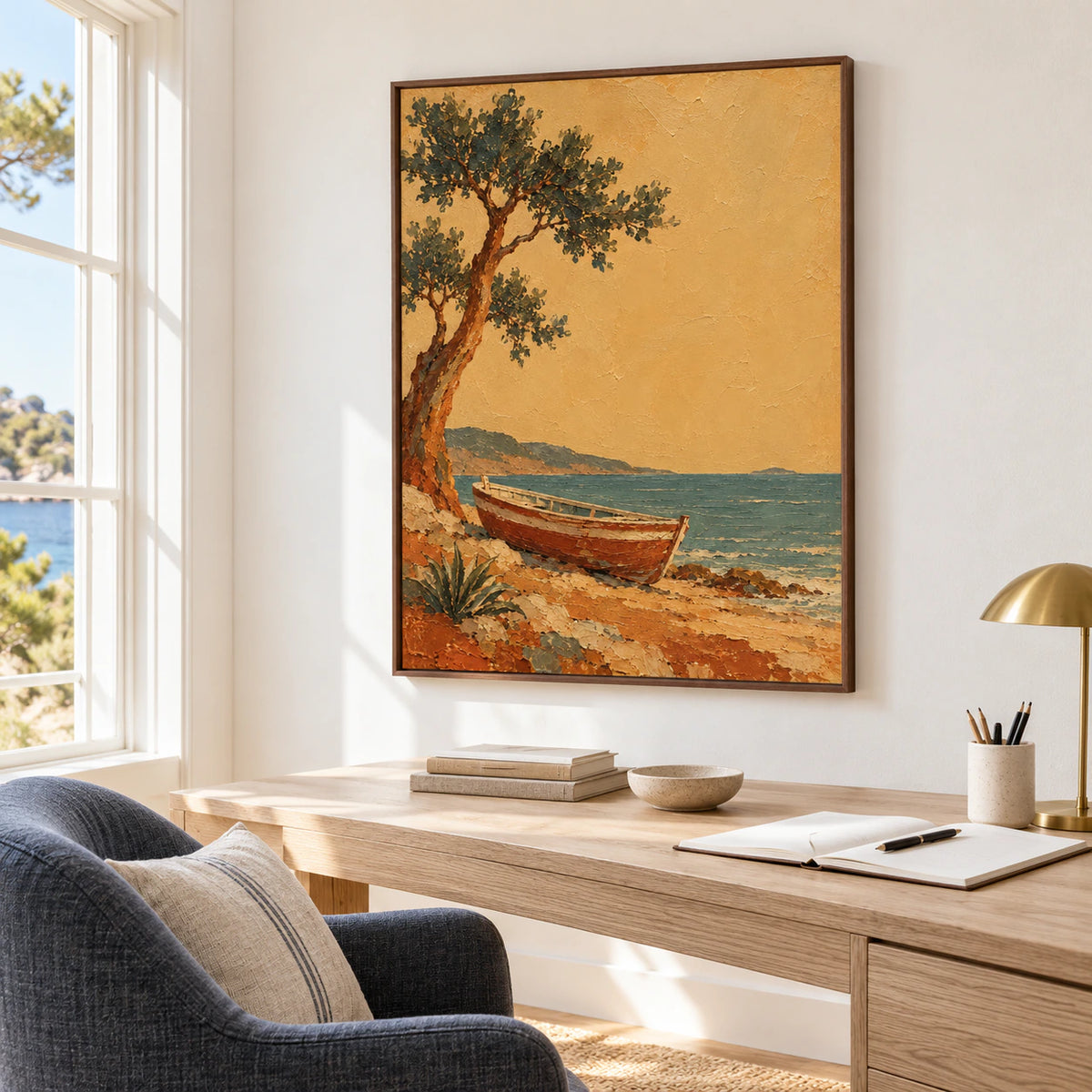 Harbor Bough displayed beside a reading chair in an airy home office, viewed from a low left angle with restrained furniture and bright window light.