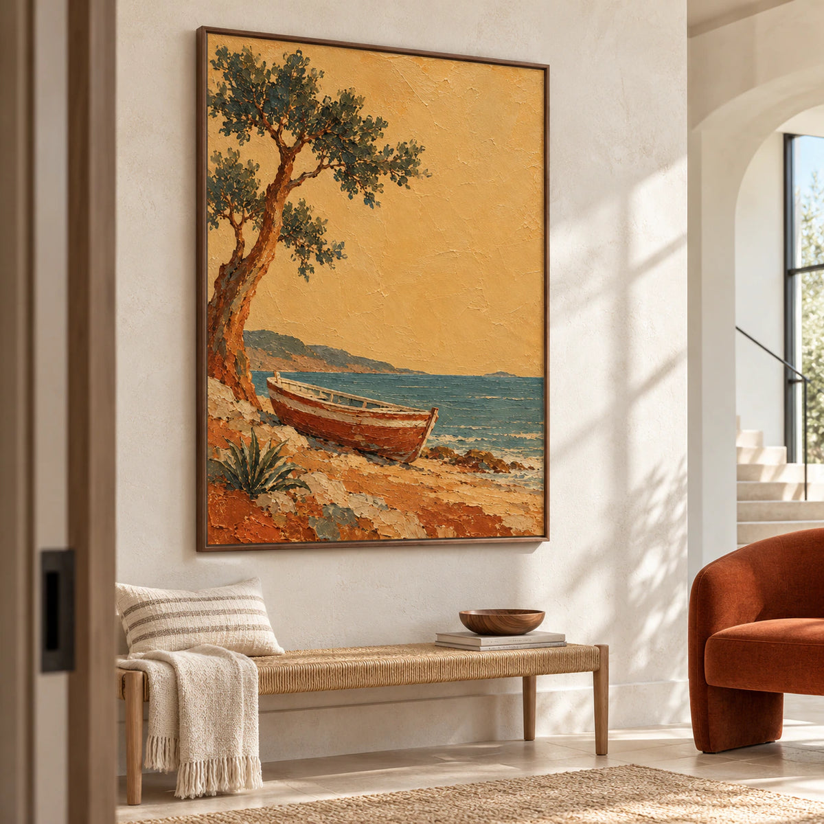 Harbor Bough commanding a gallery-scale foyer with tall stone walls, captured from a right oblique viewpoint in open daylight.