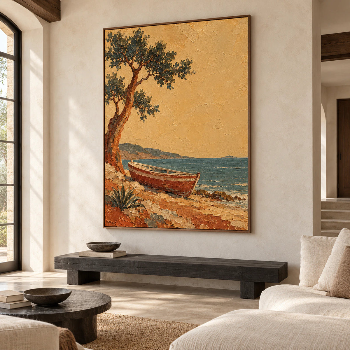 Harbor Bough presented at large scale in an expansive loft interior, viewed from a distant but clear left oblique angle against pale architectural walls and natural light.