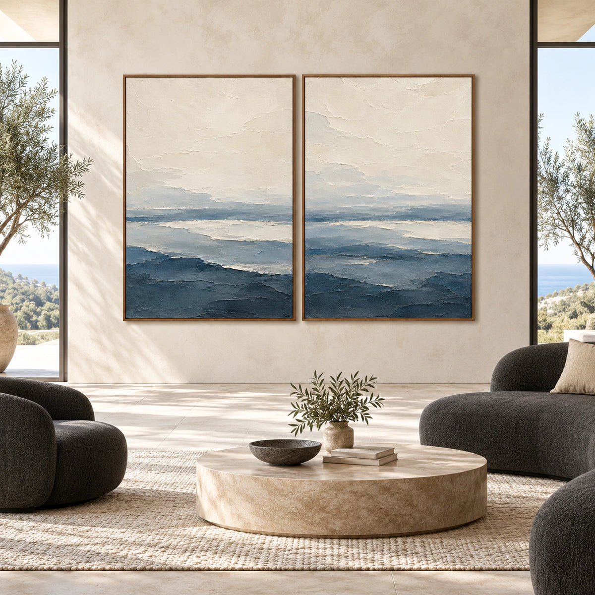 Harbor-Relief diptych displayed straight-on at large scale in an open architectural living space.