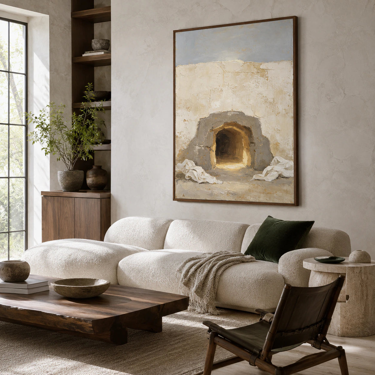 Hearth-Quiet above a sculptural sofa in a bright living room.