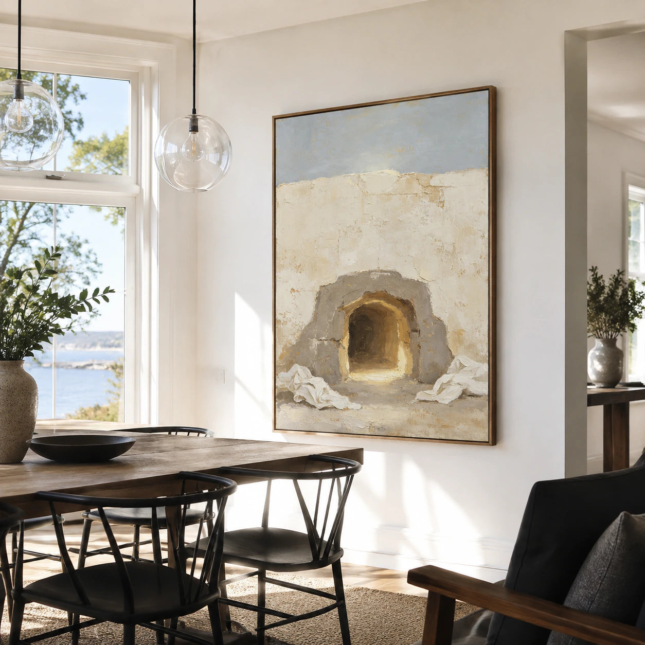 Hearth-Quiet in a refined daylight dining room with understated furnishings.
