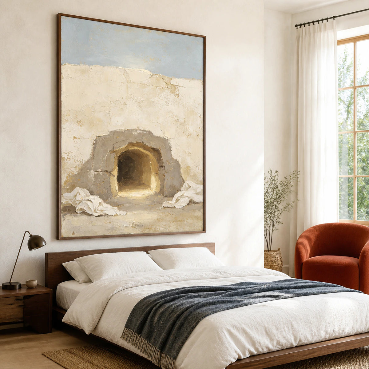 Hearth-Quiet as the focal artwork in a quiet, airy bedroom.