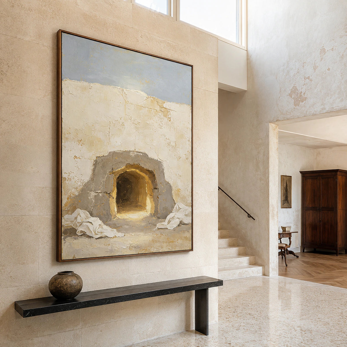 Hearth-Quiet at gallery scale in a daylight-filled foyer.
