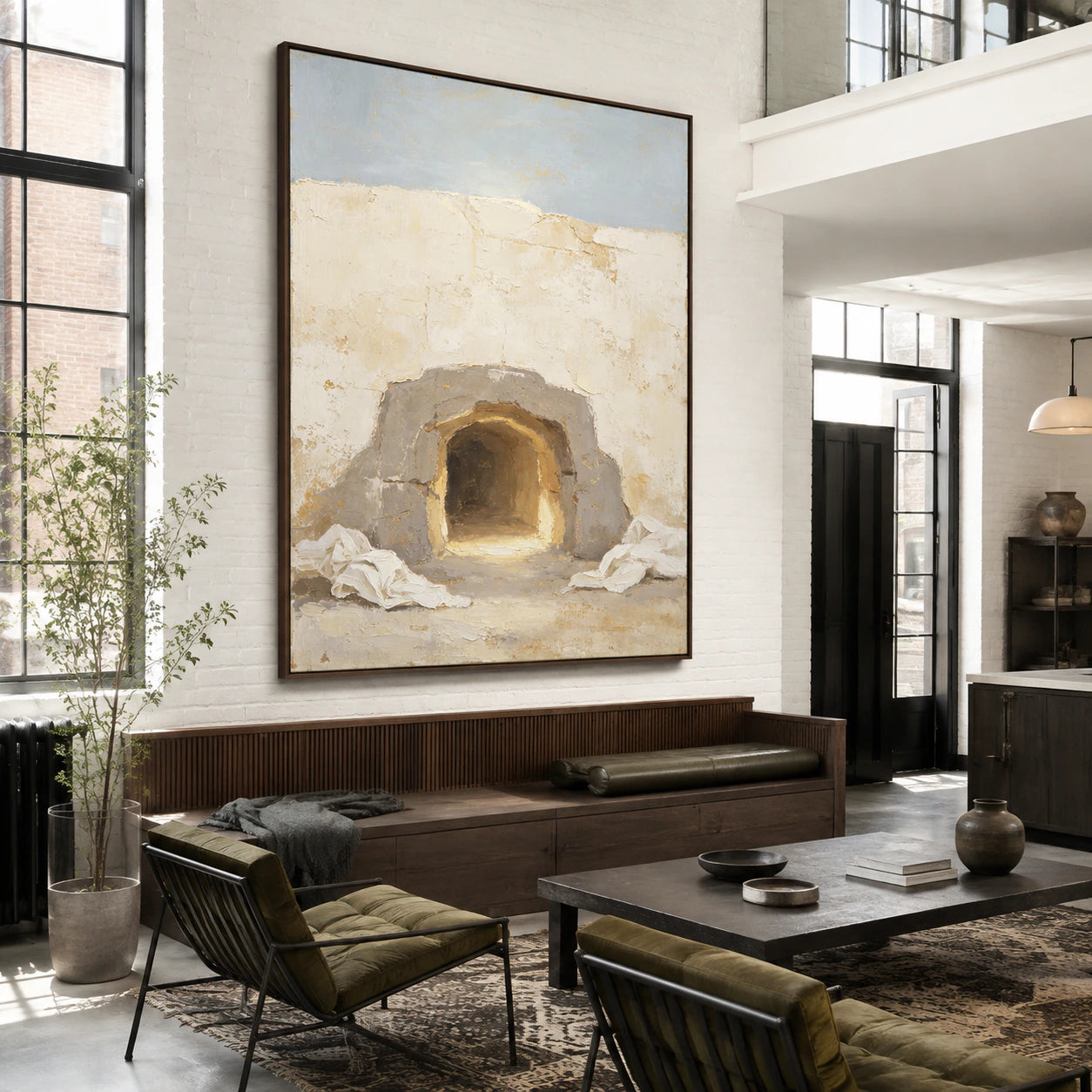 Hearth-Quiet as a large focal work in an open hospitality loft.