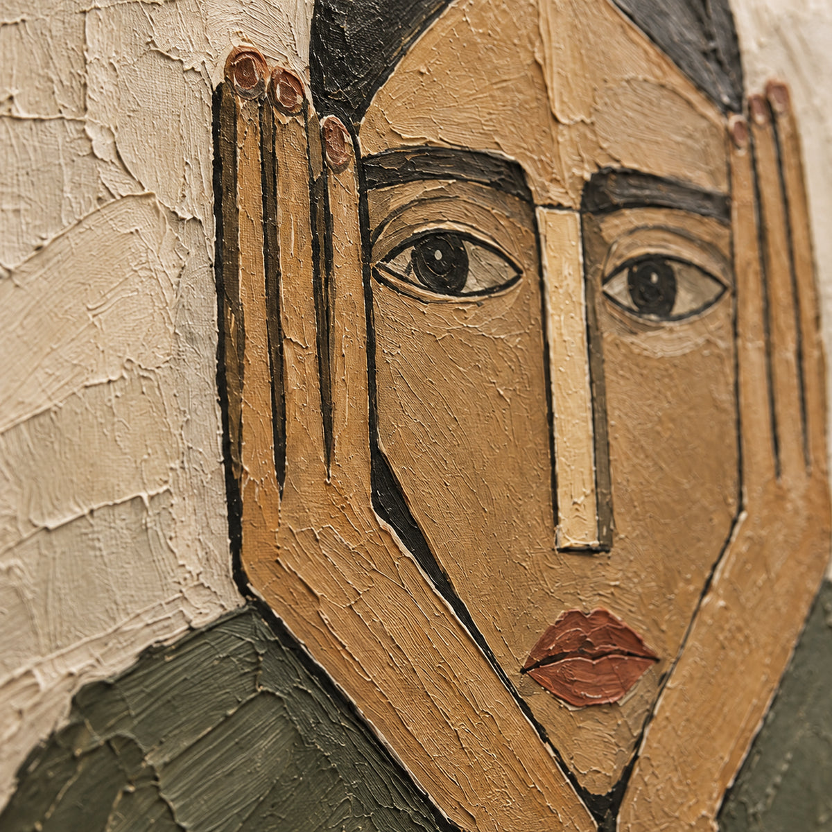 Held-Gaze oil painting brushwork and impasto detail photographed from an oblique side angle
